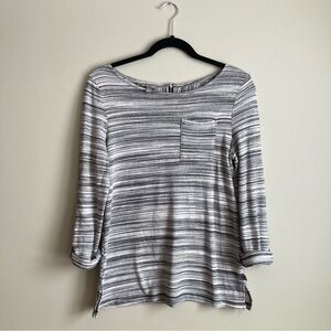 Talbots Gray Striped Knit Boat Neck Top with Roll Sleeves S Petite